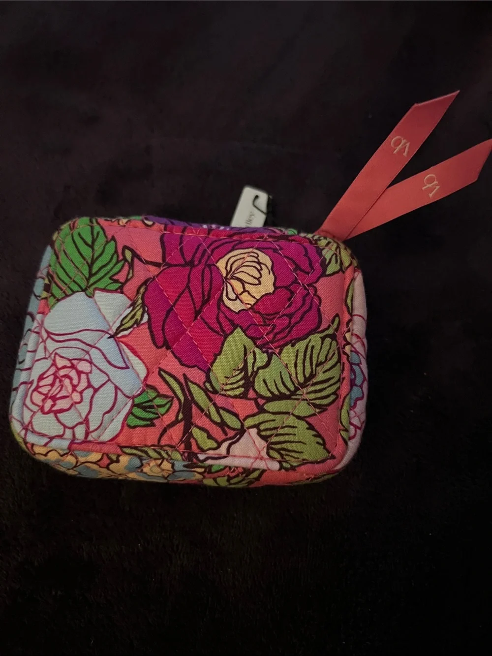 Vera Bradley Coral Pink Floral Quilted Zip Pill Case can be removed